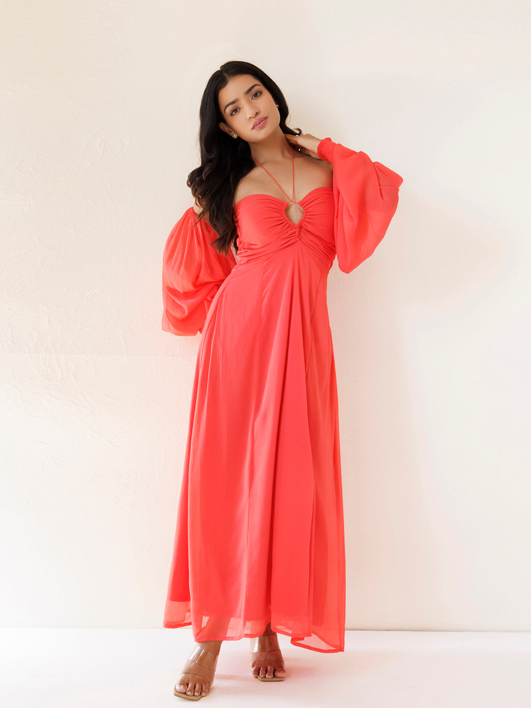 Peony Coral Chiffon Dress by ragavi