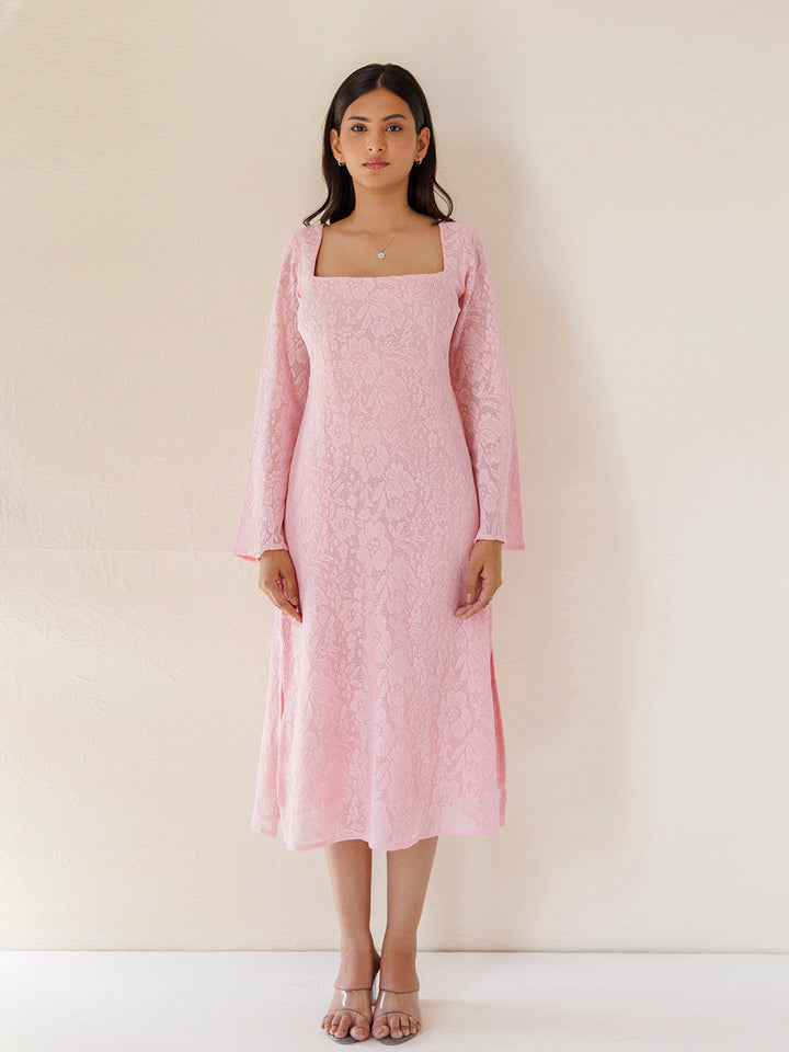 Hyacinth Pink Cotton Net Midi Dress by ragavi