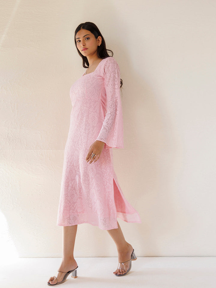 Hyacinth Pink Cotton Net Midi Dress by ragavi