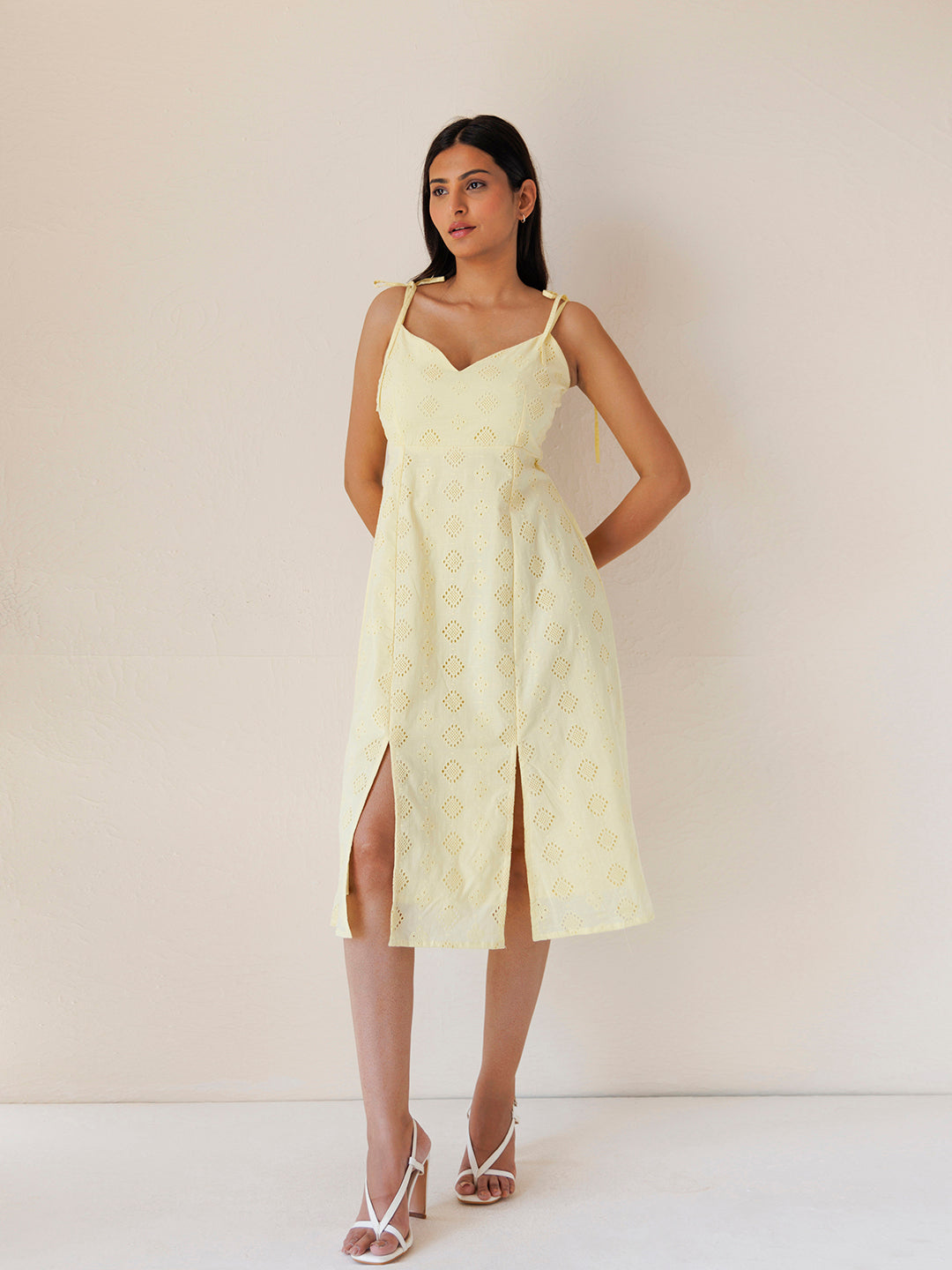 Forsythia Yellow Cotton Schiffli Dress by ragavi