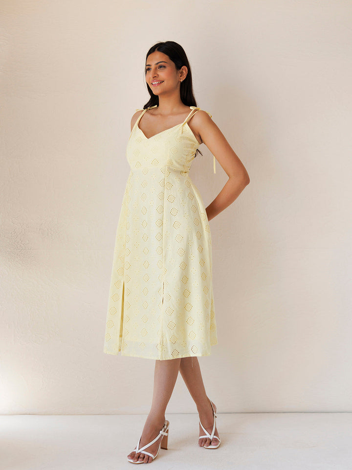 Forsythia Yellow Cotton Schiffli Dress by ragavi