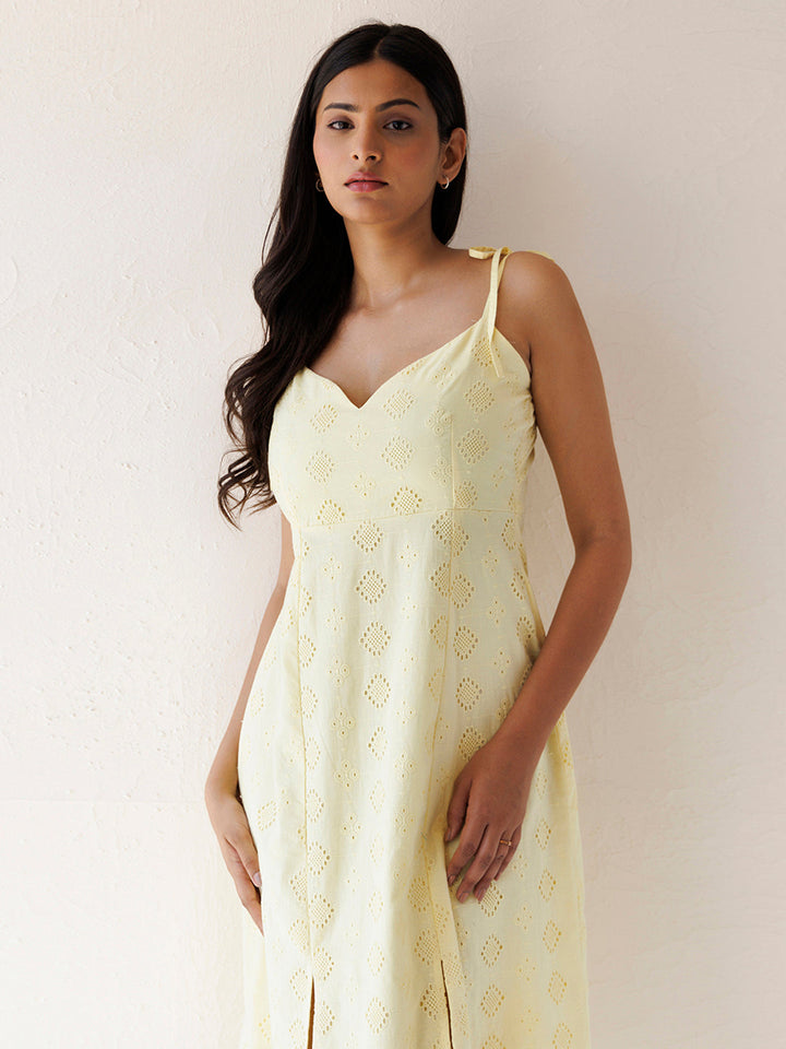 Forsythia Yellow Cotton Schiffli Dress by ragavi