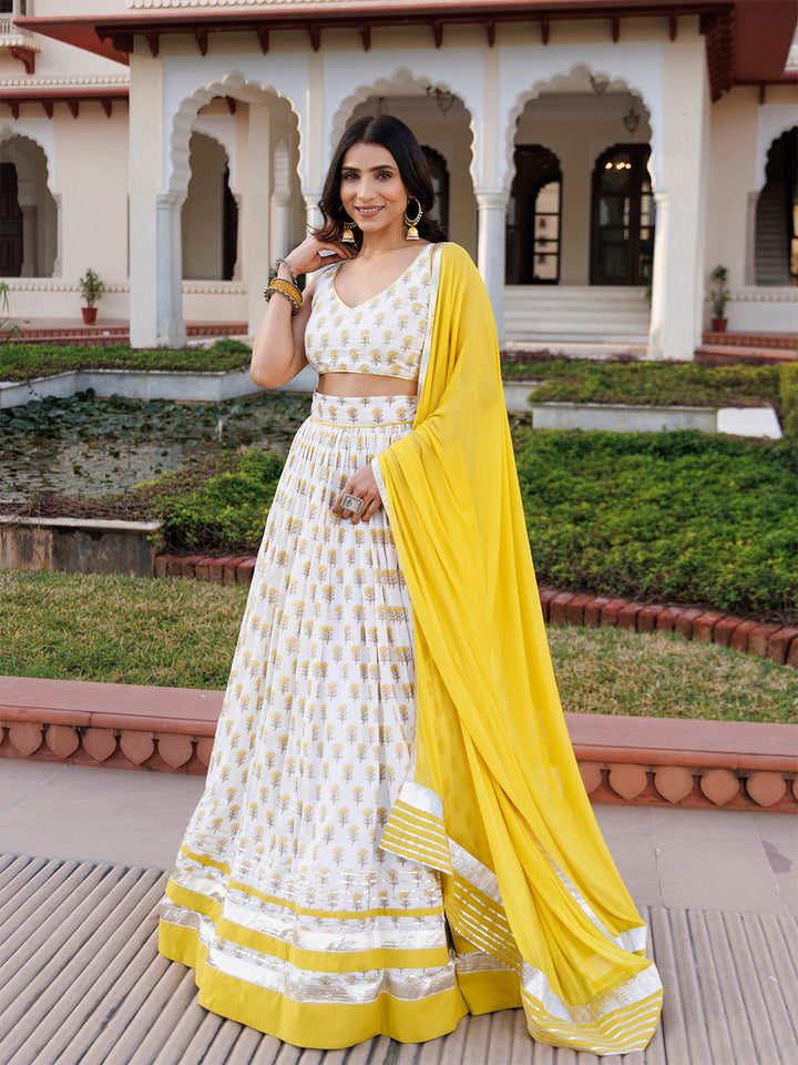 Sunstruck Yellow and White Cotton Lehenga Set BY RAGAVI