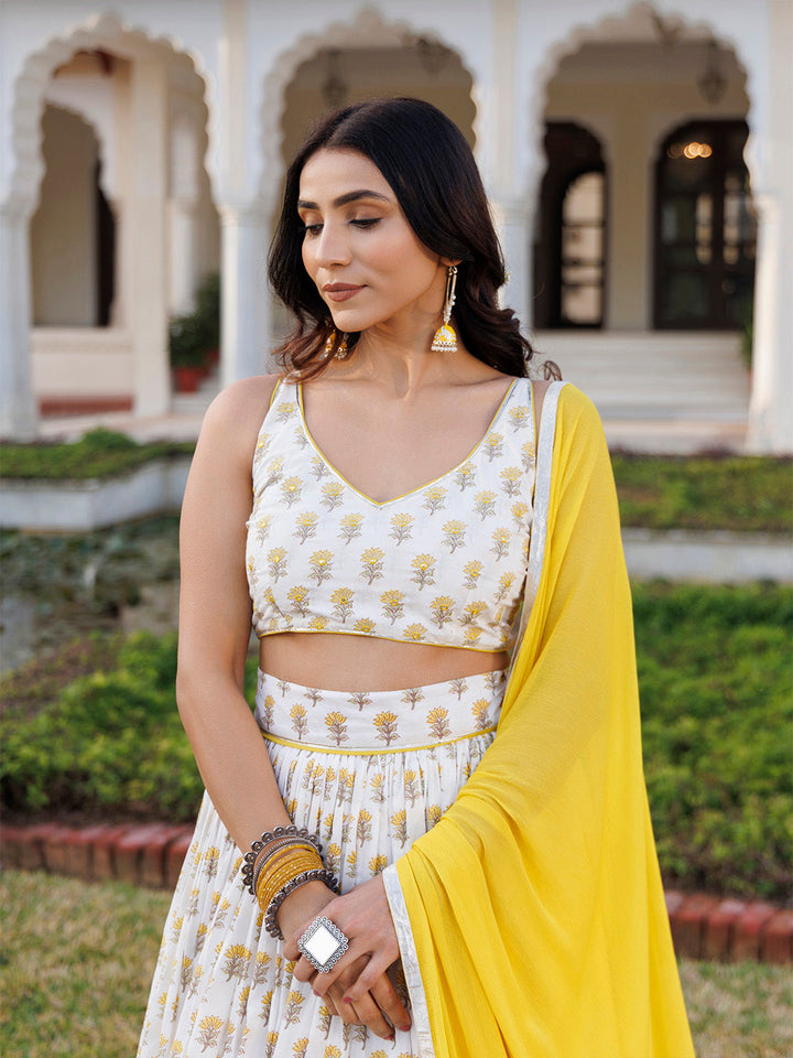 Sunstruck Yellow and White Cotton Lehenga Set BY RAGAVI