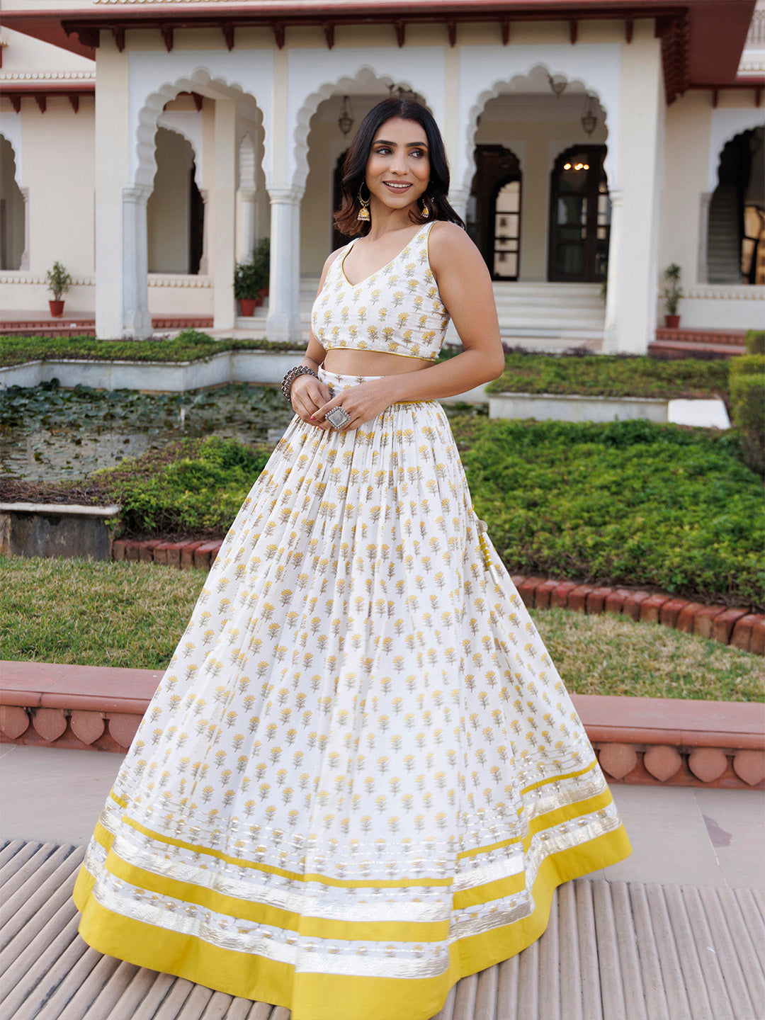 Sunstruck Yellow and White Cotton Lehenga Set BY RAGAVI