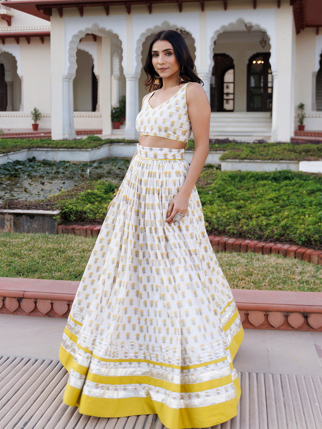 Sunstruck Yellow and White Cotton Lehenga Set BY RAGAVI