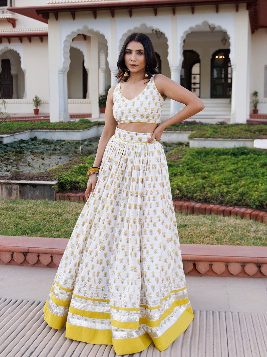 Sunstruck Yellow and White Cotton Lehenga Set BY RAGAVI