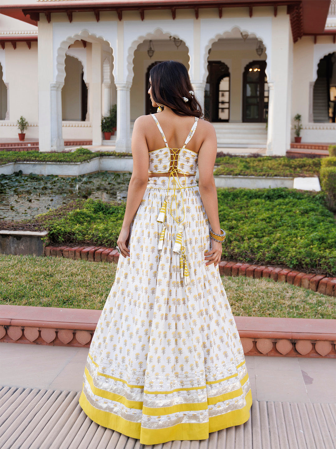 Sunstruck Yellow and White Cotton Lehenga Set BY RAGAVI