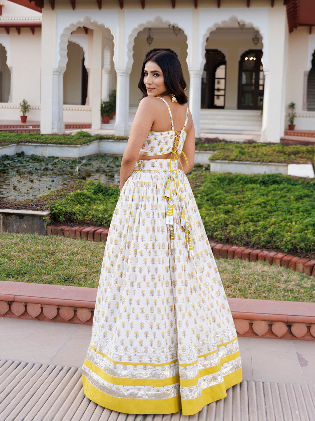 Sunstruck Yellow and White Cotton Lehenga Set BY RAGAVI