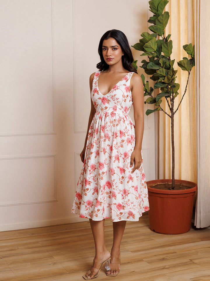 Rose Cotton Printed White Dress by ragavi