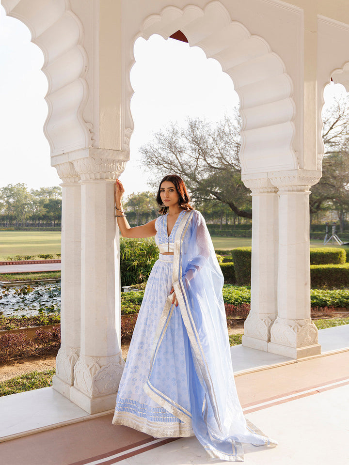 Angel Falls Blue and White Handblock Printed Lehenga Set BY RAGAVI