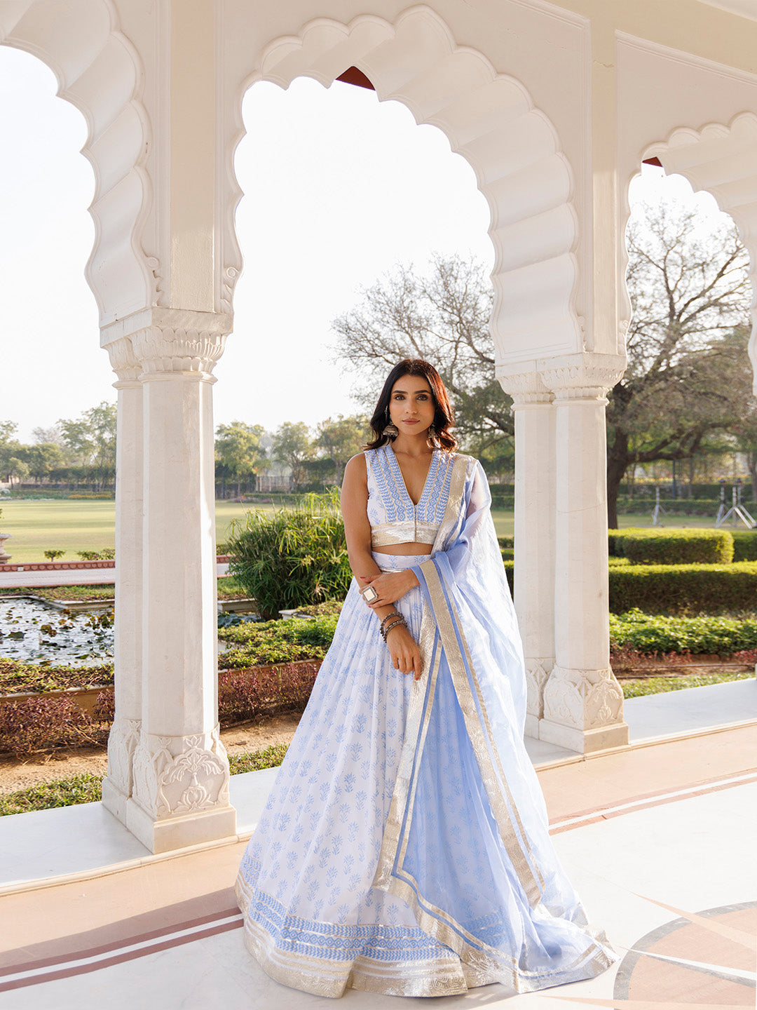 Angel Falls Blue and White Handblock Printed Lehenga Set BY RAGAVI