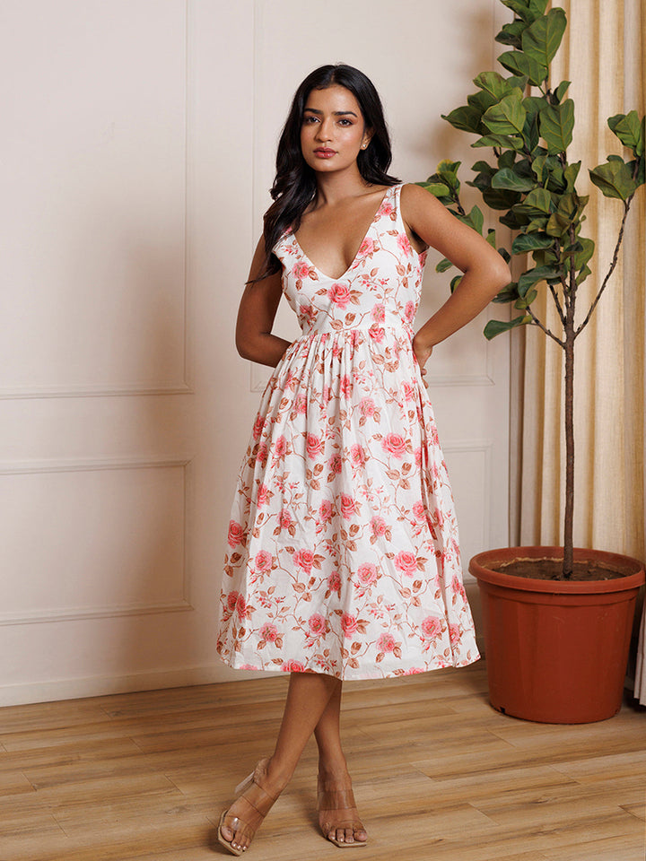 Rose Cotton Printed White Dress by ragavi