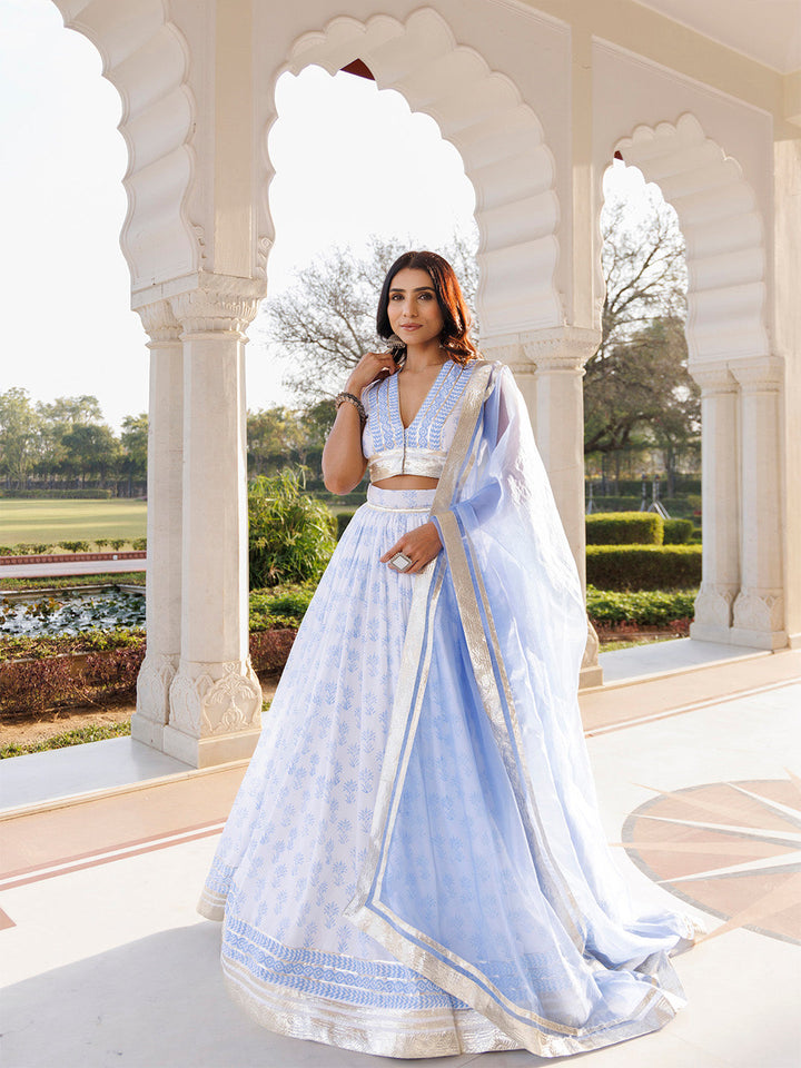 Angel Falls Blue and White Handblock Printed Lehenga Set BY RAGAVI