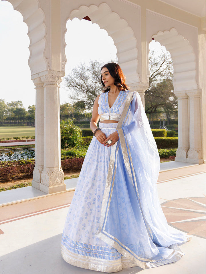 Angel Falls Blue and White Handblock Printed Lehenga Set BY RAGAVI