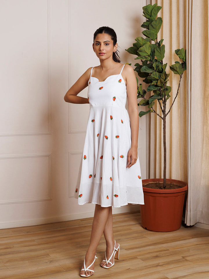 Strawberry White Embroidered Cotton Dress by ragavi