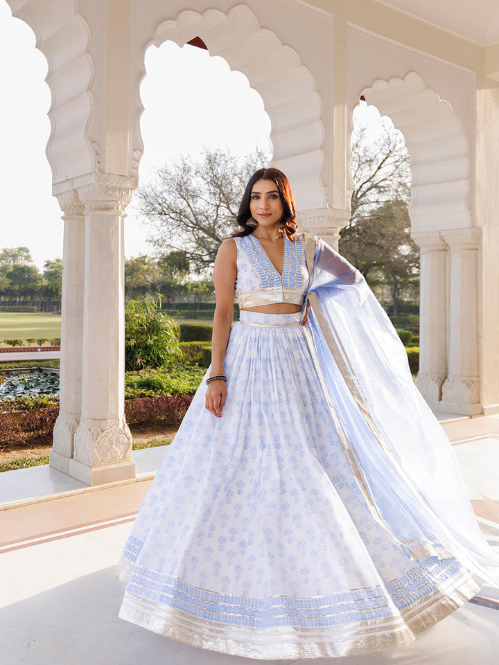 Angel Falls Blue and White Handblock Printed Lehenga Set BY RAGAVI