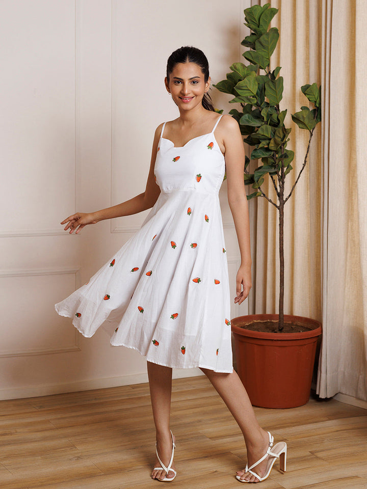 Strawberry White Embroidered Cotton Dress by ragavi