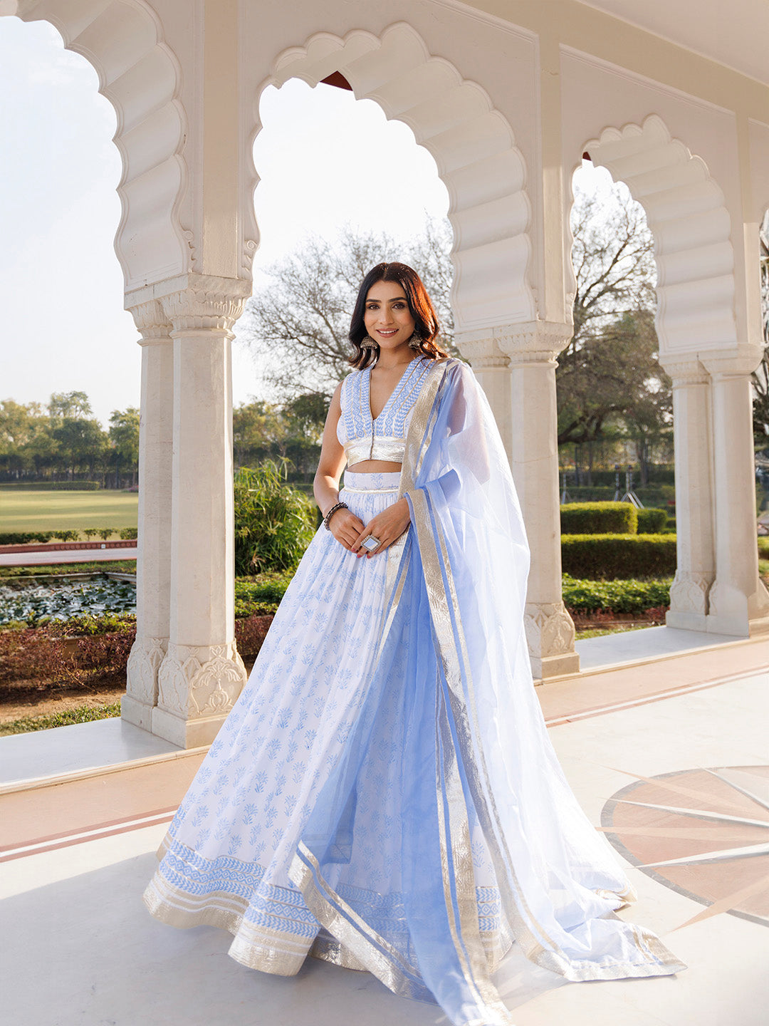 Angel Falls Blue and White Handblock Printed Lehenga Set BY RAGAVI