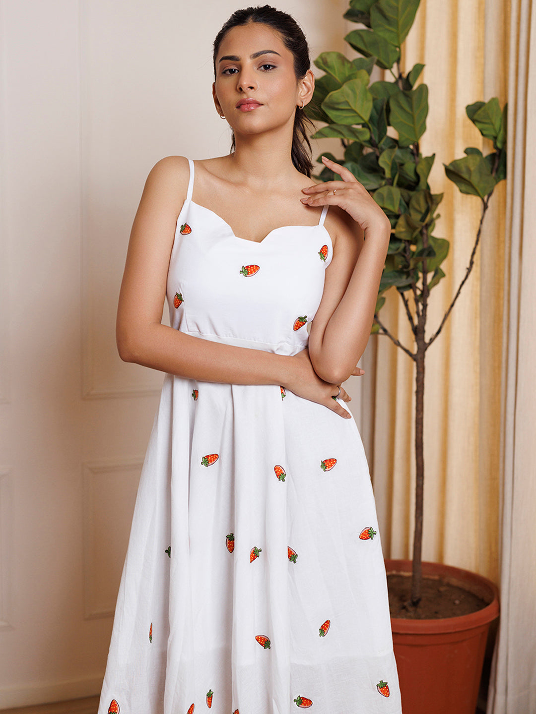 Strawberry White Embroidered Cotton Dress by ragavi