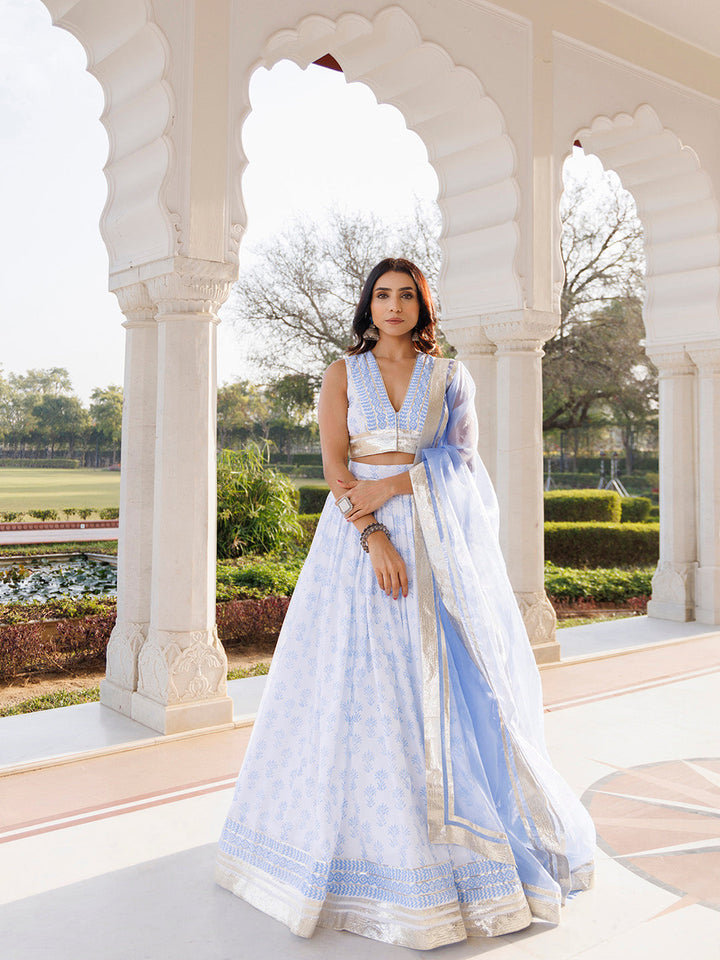 Angel Falls Blue and White Handblock Printed Lehenga Set BY RAGAVI