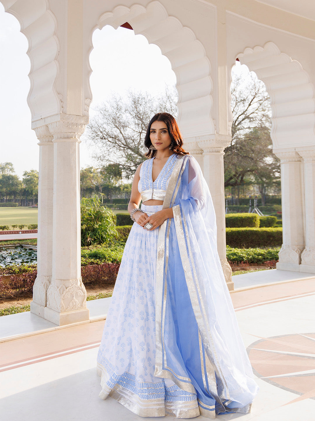 Angel Falls Blue and White Handblock Printed Lehenga Set BY RAGAVI