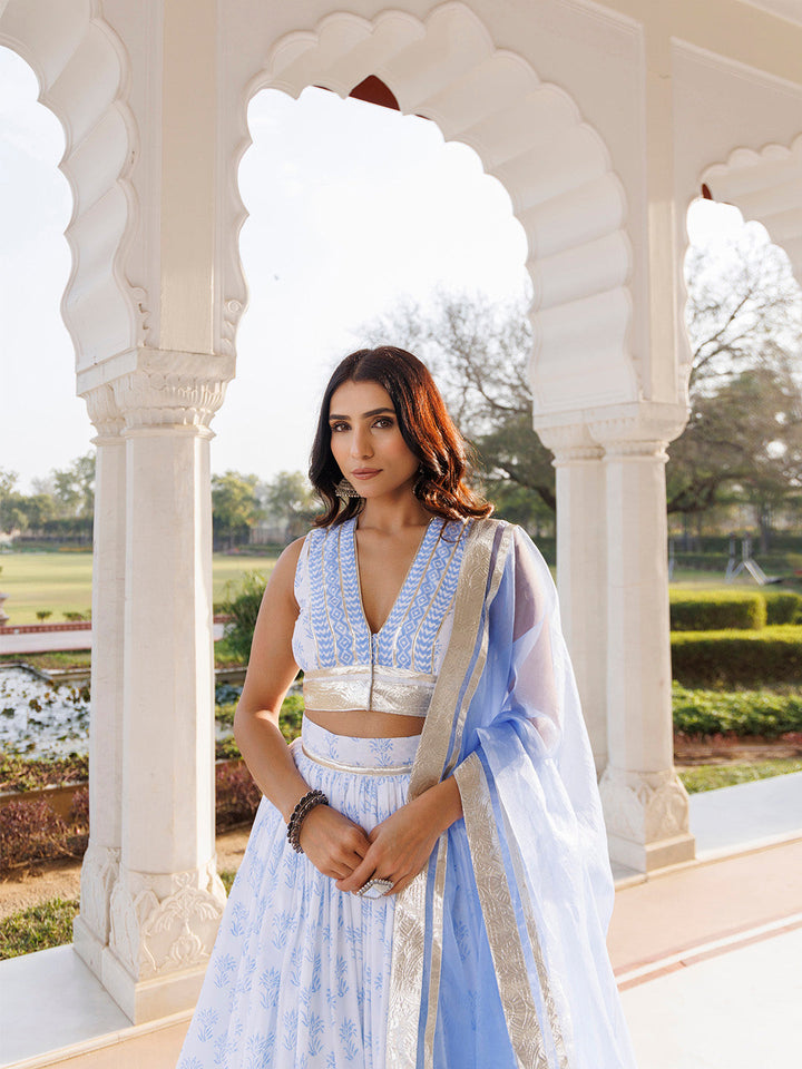 Angel Falls Blue and White Handblock Printed Lehenga Set BY RAGAVI