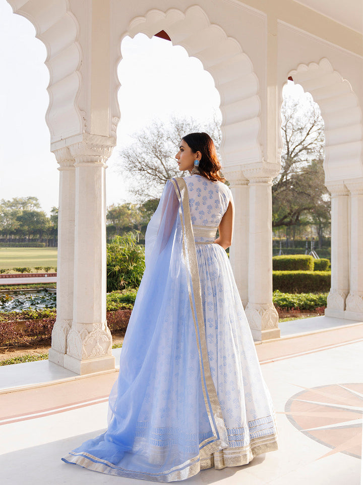 Angel Falls Blue and White Handblock Printed Lehenga Set BY RAGAVI