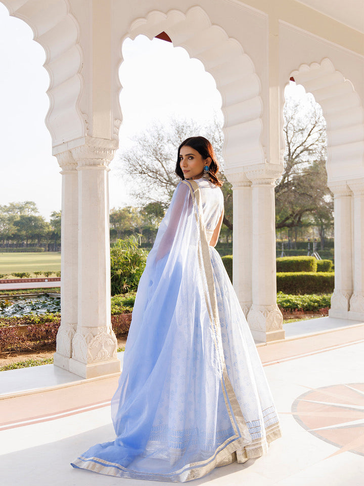 Angel Falls Blue and White Handblock Printed Lehenga Set BY RAGAVI