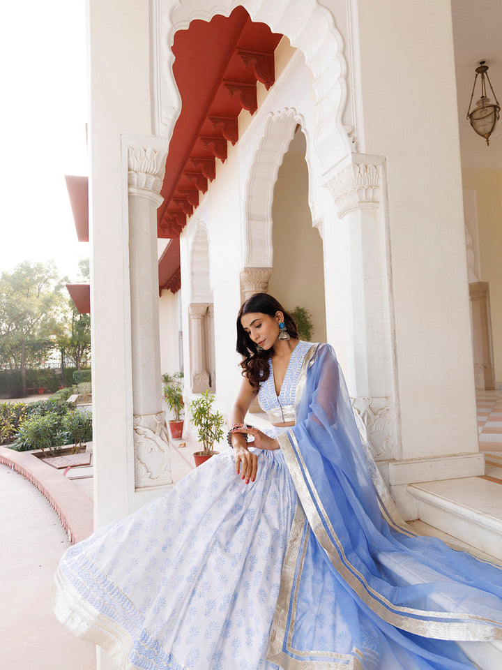 Angel Falls Blue and White Handblock Printed Lehenga Set BY RAGAVI