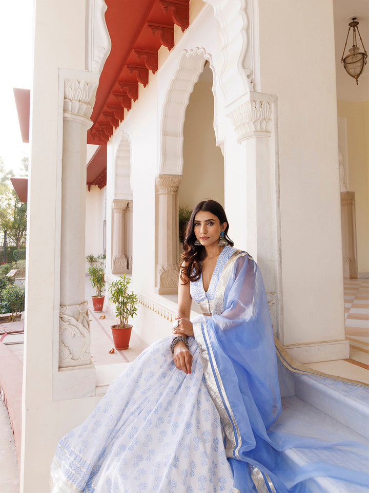 Angel Falls Blue and White Handblock Printed Lehenga Set BY RAGAVI