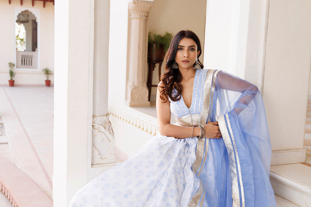 Angel Falls Blue and White Handblock Printed Lehenga Set BY RAGAVI