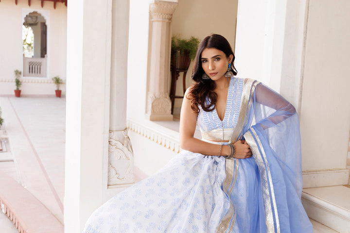 Angel Falls Blue and White Handblock Printed Lehenga Set BY RAGAVI