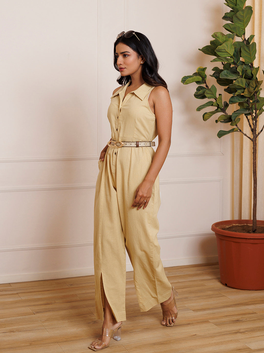 Kermil Beige Linen Jumpsuit by ragavi