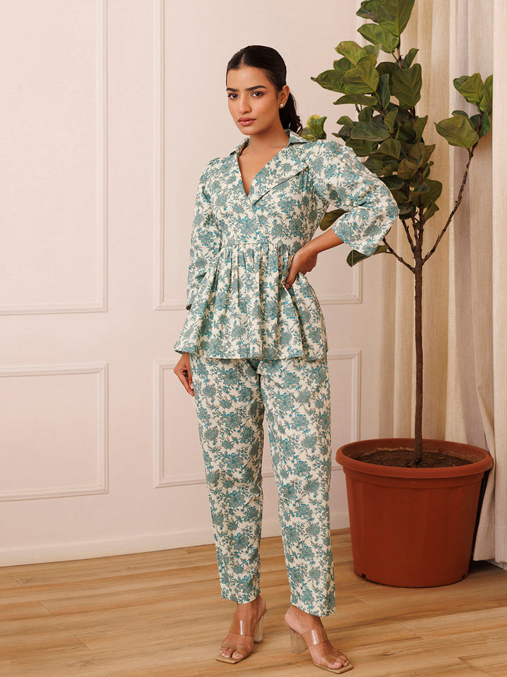 Bear Grass Aqua Blue Cotton Printed Co- Ord Set by ragavi