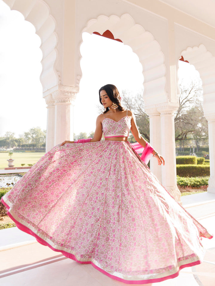 Mauve Chalk Pink Cotton Hand Printed Lehenga Set BY RAGAVI