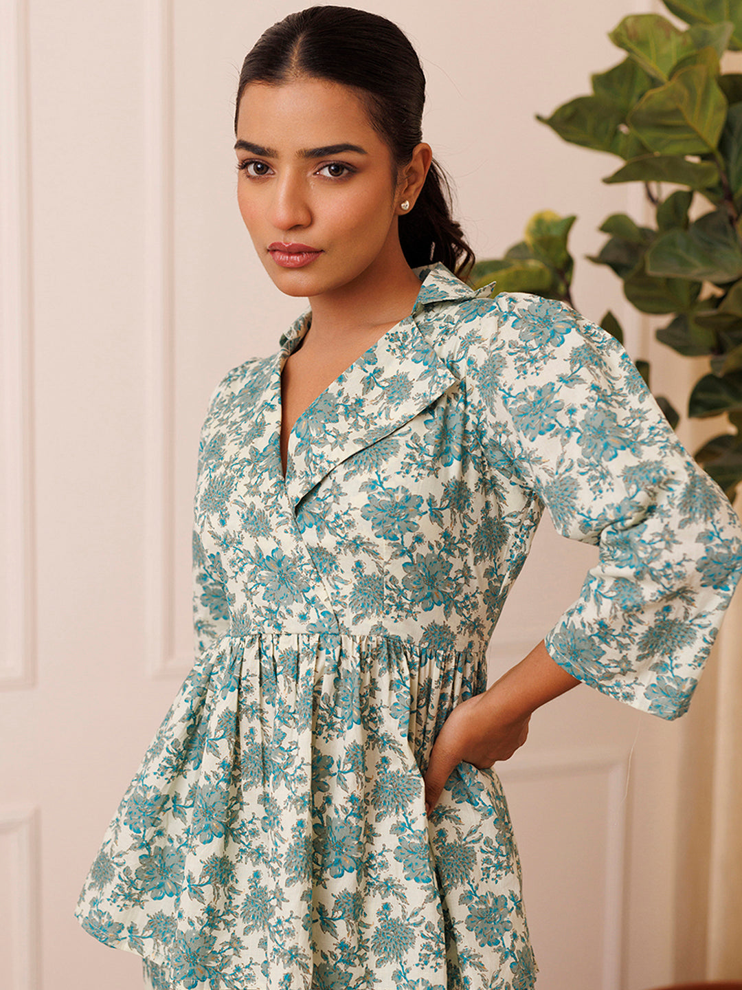 Bear Grass Aqua Blue Cotton Printed Co- Ord Set by ragavi