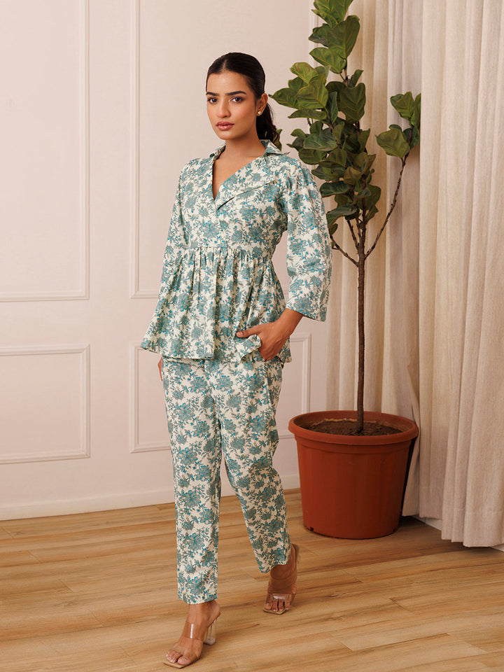 Bear Grass Aqua Blue Cotton Printed Co- Ord Set by ragavi