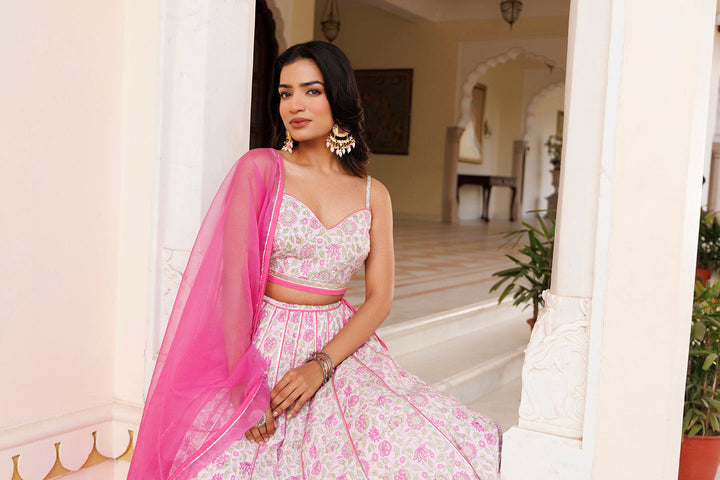 Mauve Chalk Pink Cotton Hand Printed Lehenga Set BY RAGAVI