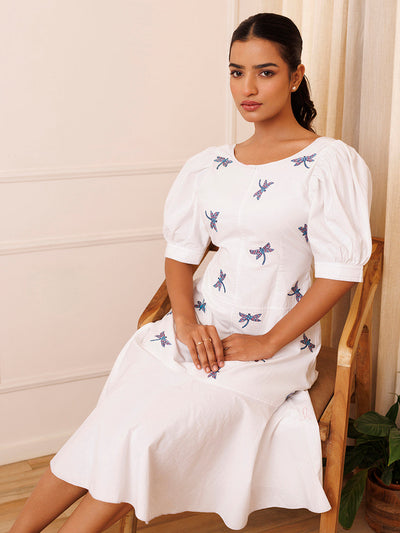 Dragonfly Embroidered Cotton Dress by ragavi