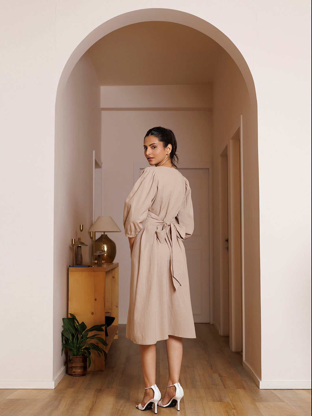 Taupe Linen Midi Dress by ragavi