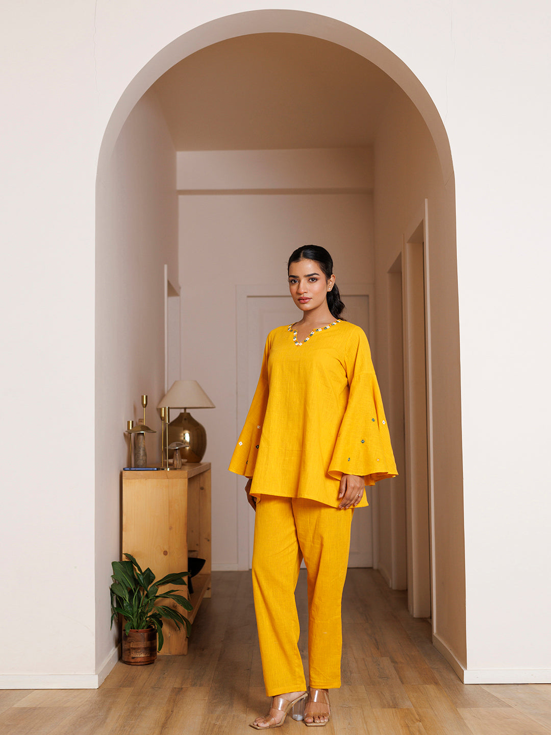 Azalea Yellow Embroidered Co- Ord Set  - By Ragavi - qivii