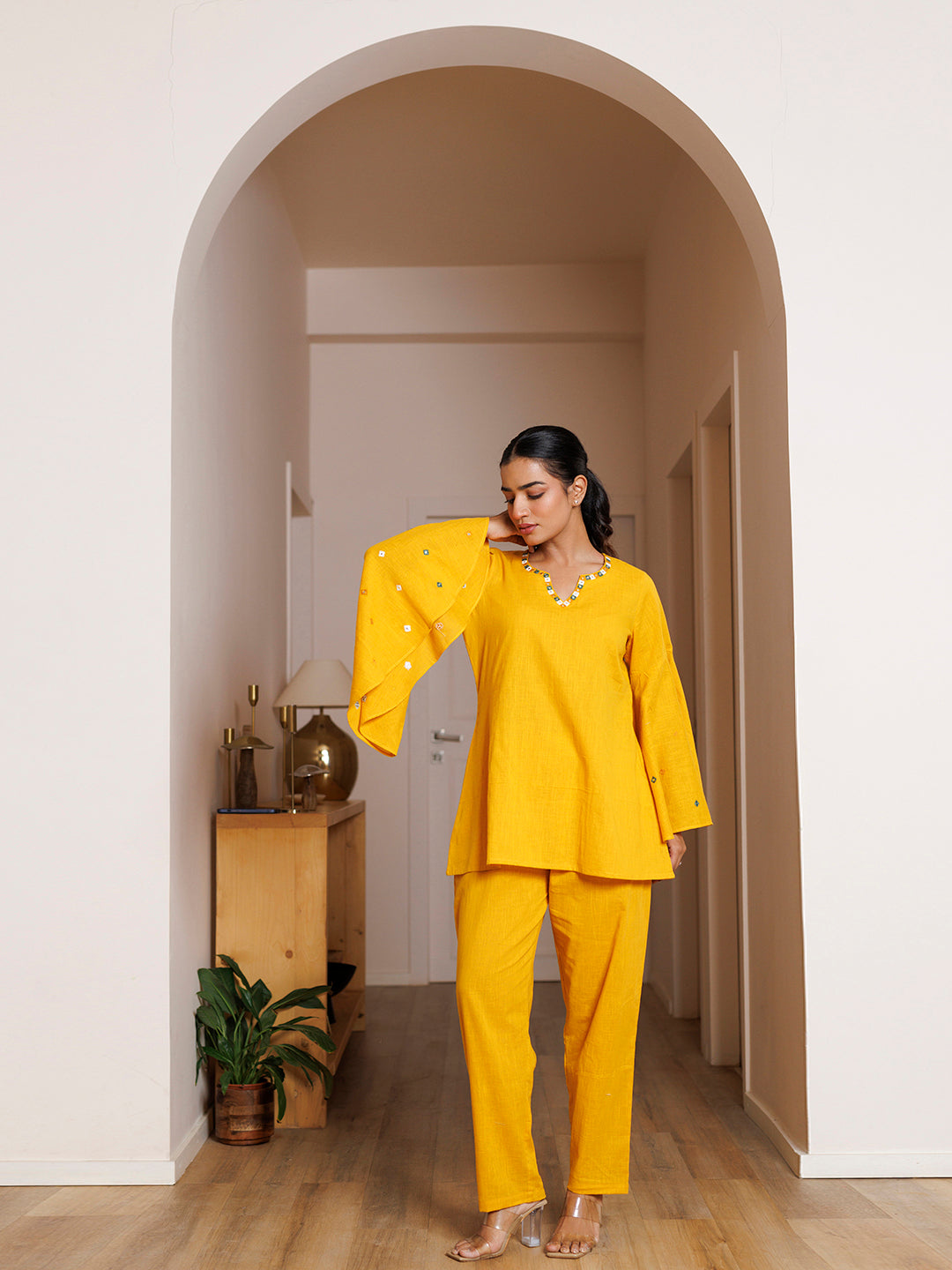 Azalea Yellow Embroidered Co- Ord Set by ragavi