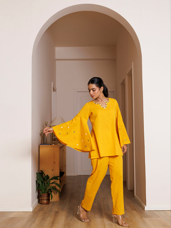 Azalea Yellow Embroidered Co- Ord Set by ragavi