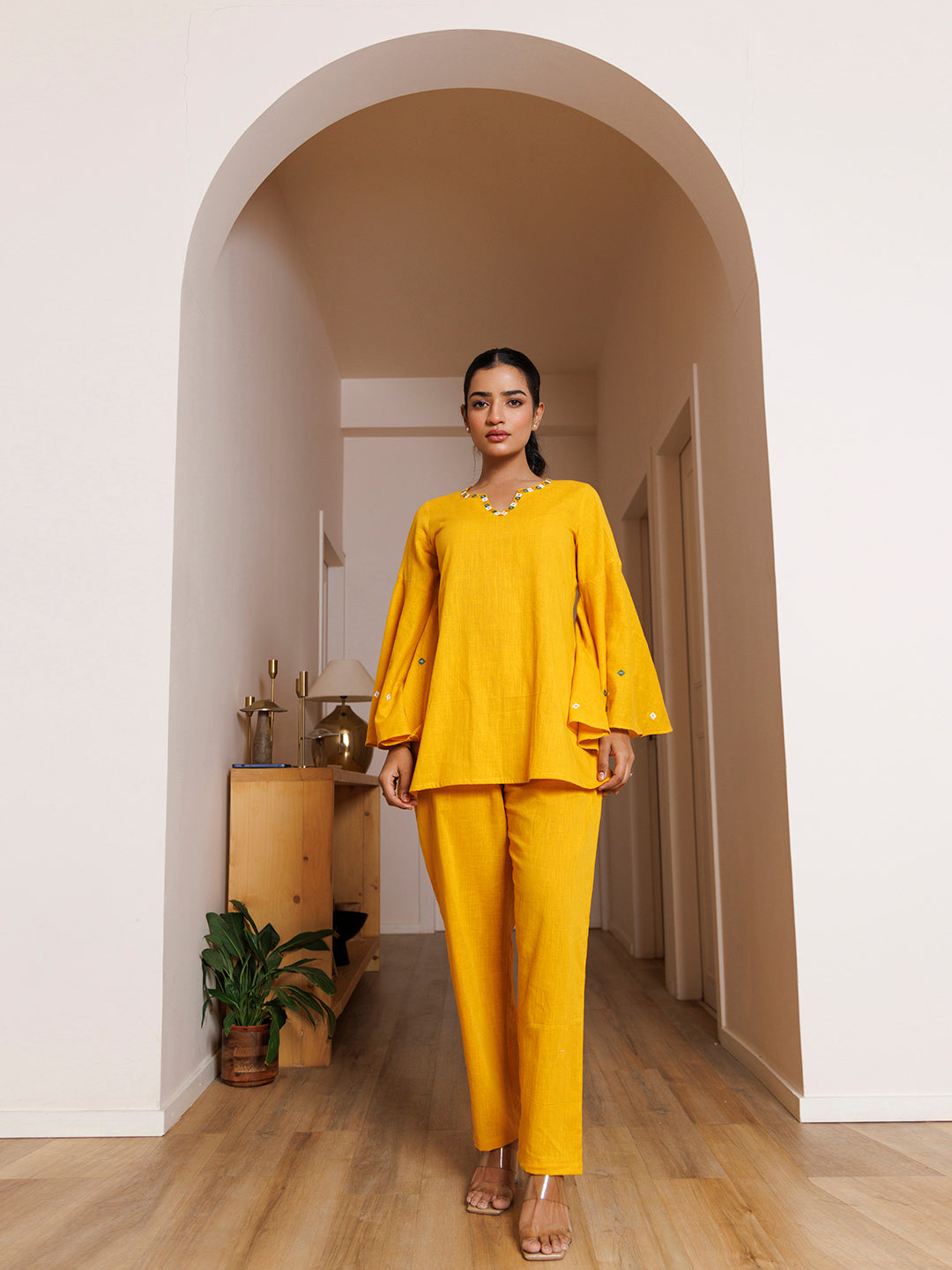 Azalea Yellow Embroidered Co- Ord Set by ragavi