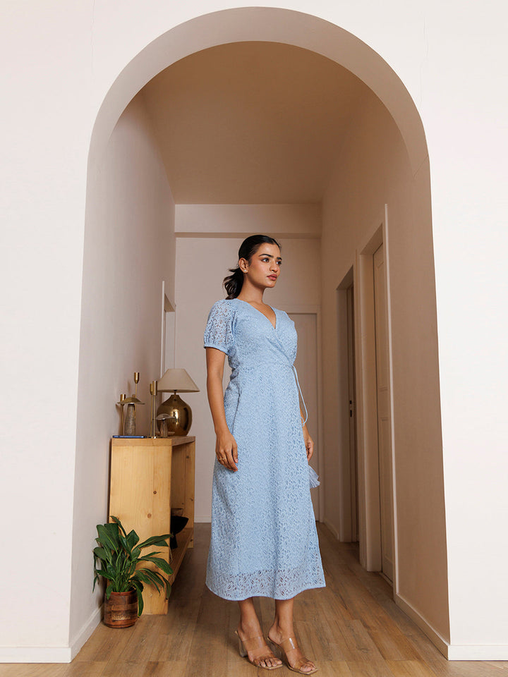 Butterfly Pea Blue Cotton Net Dress by ragavi