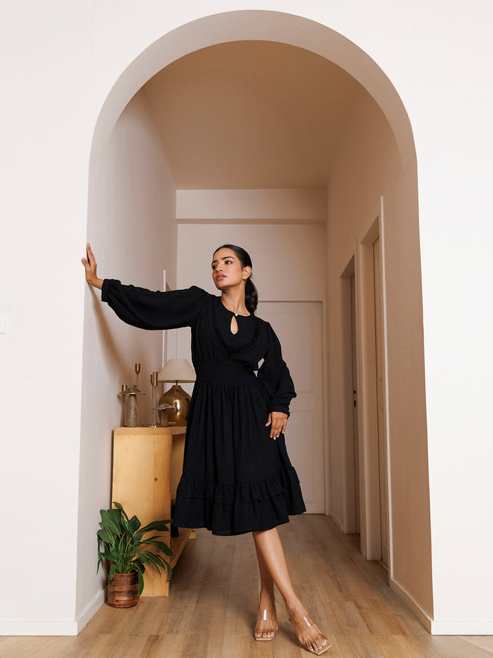 Black Velvet Petunia Cotton Midi Dress by ragavi