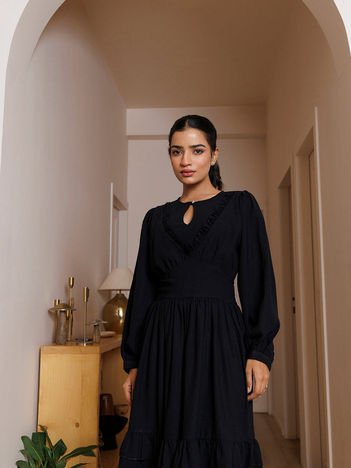 Black Velvet Petunia Cotton Midi Dress by ragavi