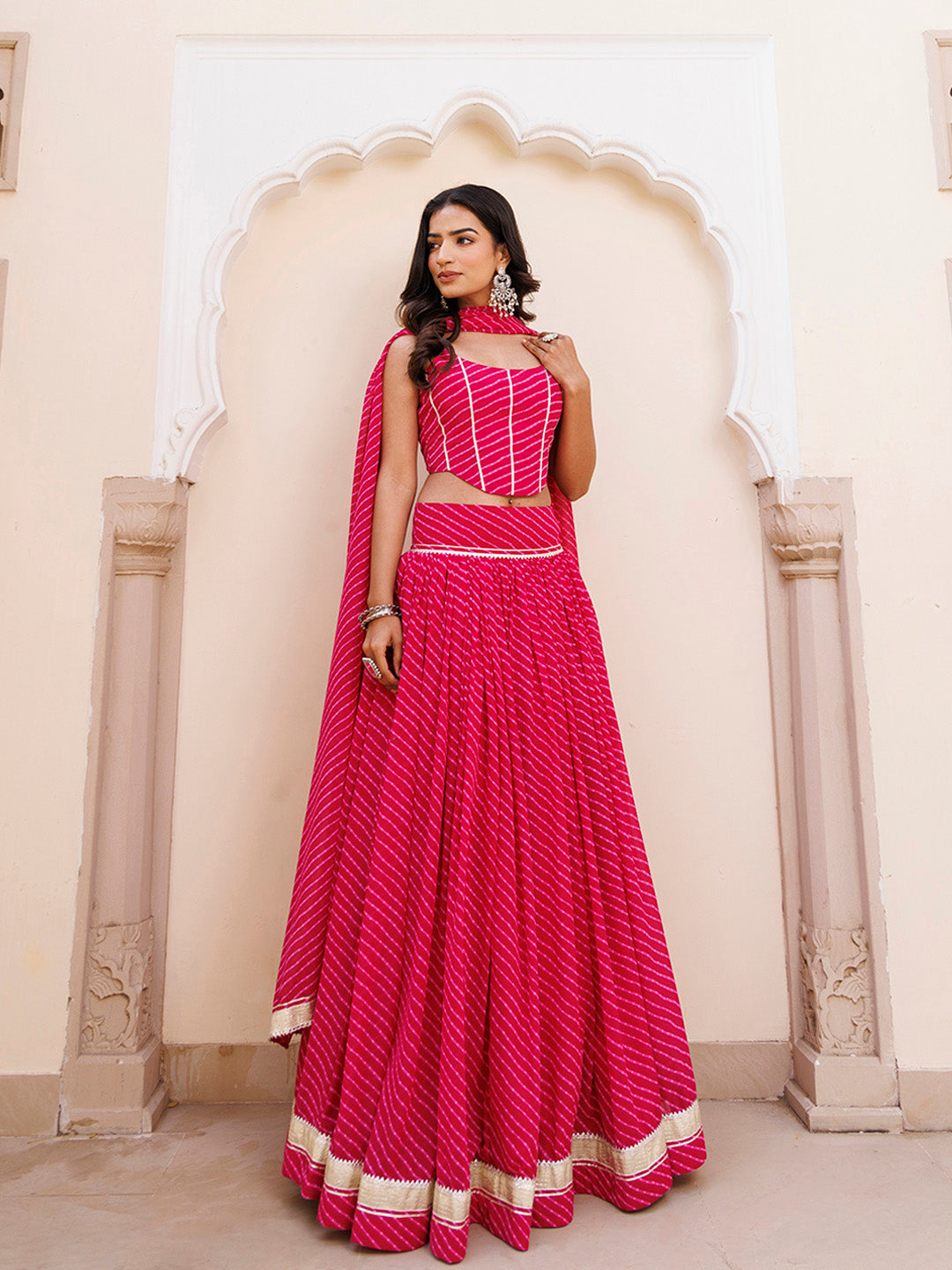 Quartz Pink Leheriya Lehenga Set BY RAGAVI