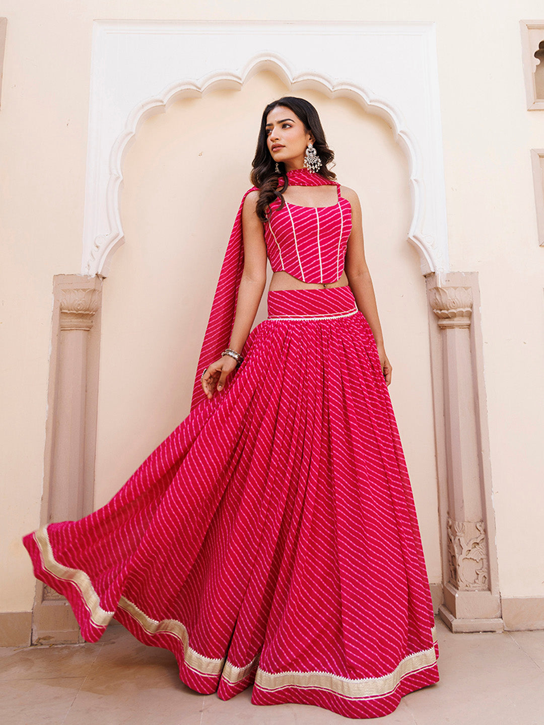 Quartz Pink Leheriya Lehenga Set BY RAGAVI